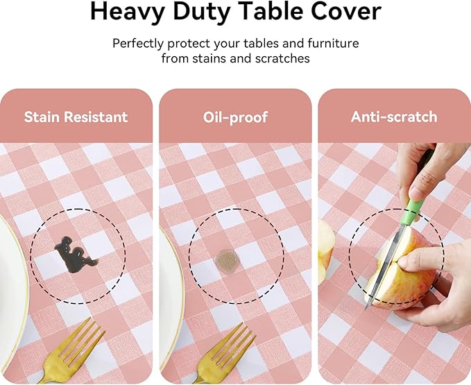 Romanstile Rectangle Plastic Tablecloth, 100% Waterproof Oil-Proof Checkered PVC Table Cloth, Heavy Duty Vinyl Table Cover for Dining, Camping, Picnic, Outdoor - 54 x 54 Inch, Light Pink