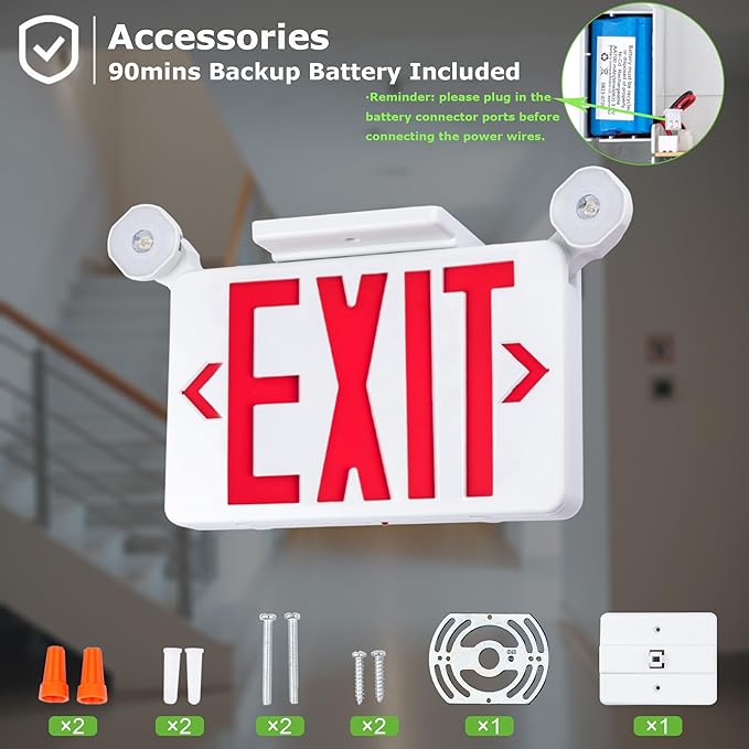 Gruenlich Red Exit Sign with Emergency Lights, 2 Adjustable LED Heads and Backup Battery, UL 924, AC 120/277V, Commercial Hardwired Exit Light for Business, 6 Pack