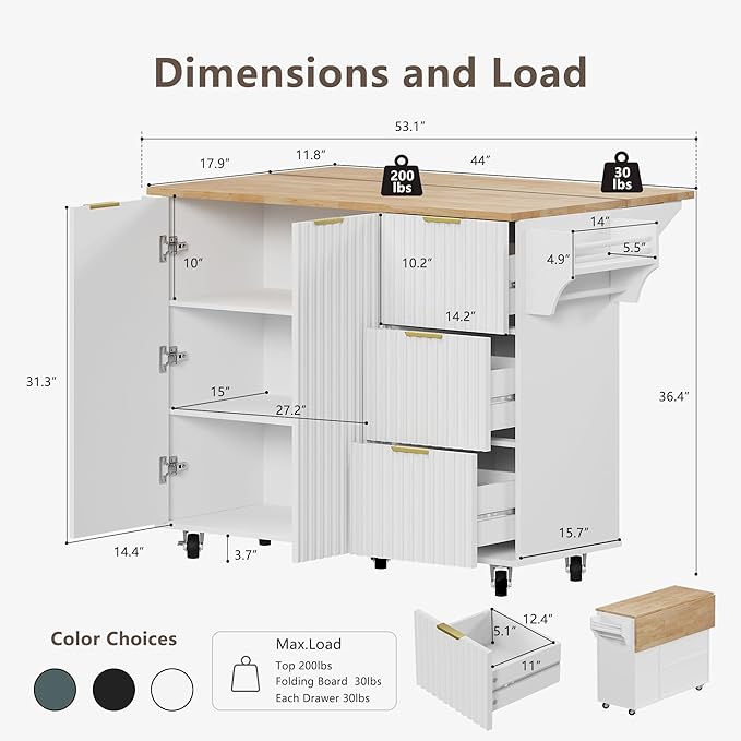 win2win Rolling Kitchen Island with Storage, Portable Kitchen Island with Drop Leaf Breakfast Bar, Modern Farmhouse Kitchen Cart on Wheels with Fluted Design, Towel Rack, Spice Rack, White