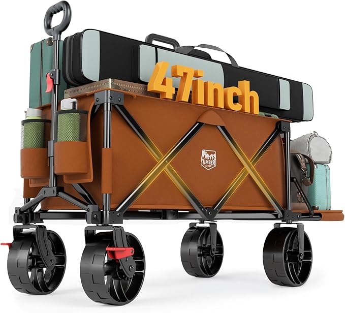 Timber Ridge 47" L Collapsible Wagon with Tailgate & Brake, 300lbs Heavy Duty Beach Wagon with All-Terrain Big Wheels, 250L Foldable Utility Cart for Sand Camping Sports Shopping, Orange