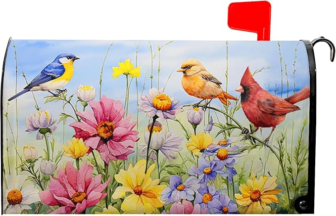 Hummingbird Bird Mailbox Covers Magnetic Standard Size 21’’x18’’ Spring Blooming Flowers and Birds Decorative Waterproof Mailboxes Wraps Letter Post Box Cover for Home Outdoor Garden Yard