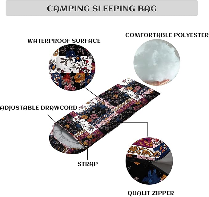 Sleeping Bags for Adults and Kids,3D Printing Camping Sleeping Bag for Girls Boys Lightweight Waterproof Cold/Warm 3-Season,Outdoor Travel with Compression Bags
