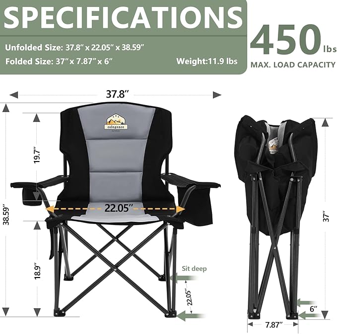 Oversized Folding Camping Chairs - 450 LBS Support Heavy Duty Camp Chair with Padded Cushion, Portable Outside Chairs with Carry Bag,Cooler, Cup Holder for Outdoor, Lawn, Sports - Black