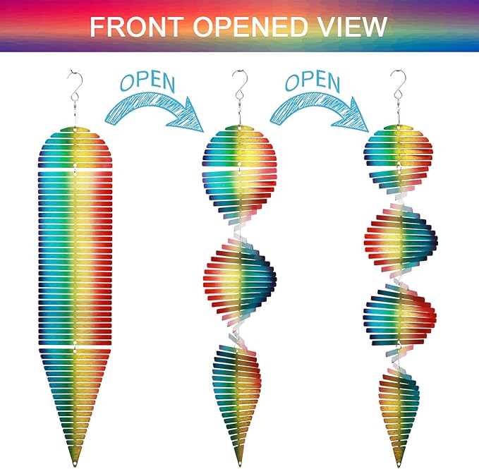 SPRING SONG Rainbow Helix Kinetic Wind Spinner for Yard and Garden Wind Spinner Outdoor Stainless Steel Long Hanging Rainbow Decor 3D Garden Art Wind Sculpture Spinners Kinetic Art Spinner