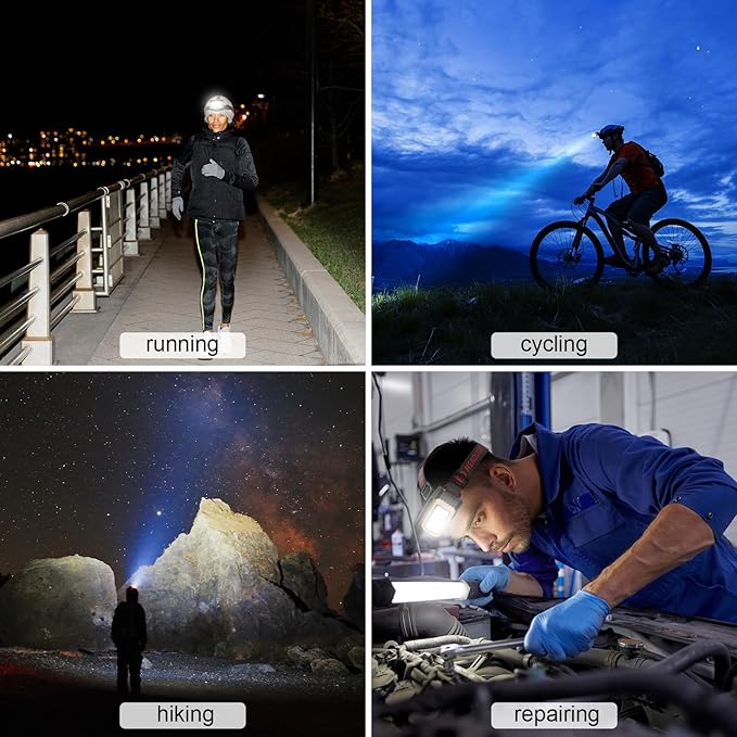 Solar Headlamps for Camping, Rechargeable LED Headlight for Adults with Motion Sensor, Six Adjustable Lighting Modes, Waterproof and Lightweight, Flashlight for Cycling, Hiking, Fishing(1-Pack,black)