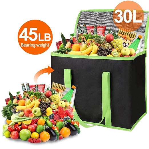Bodaon 5-Pack Cooler Insulated Food Delivery Bag, Thermal Hot Pizza,X-Large Bags With Top Zippered for Grocery/DoorDash/Catering/Shopping, Large Cold Frozen Door Dash Accessories, Black-Green Edge