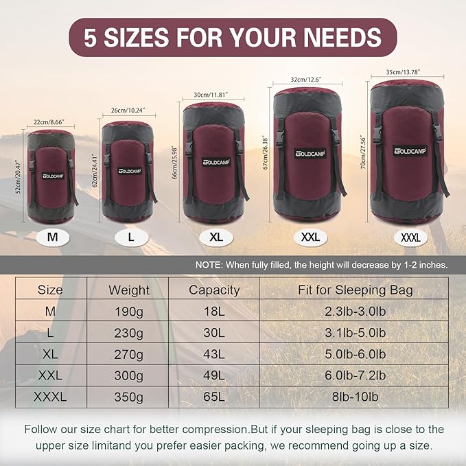 GoldCamp compression stuff sack for Ultralight sleeping bag, space saving gear with dust flap,18L/30L/43L/49L/65L Compression Stuff Sack, Waterproof, Camping, Travel, Outdoor, Backpacking (Red, XXXL)