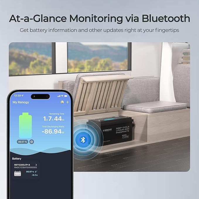 Renogy 12V 200Ah Bluetooth Lifepo4 Battery, Bulit in 200A BMS Lithium Deep Cycle Battery, 400A Peak Power Surge for Off Grid Life, Backup Power for RV, Camping, Cabin, Marine