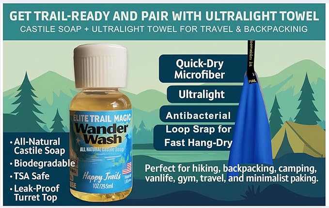 Elite Trail Magic- Wander Wash Biodegradable Castile Soap โ Ultralight 1 oz Concentrated Liquid Soap for Camping, Travel & Backpacking โ All Purpose, Unscented, Made in USA