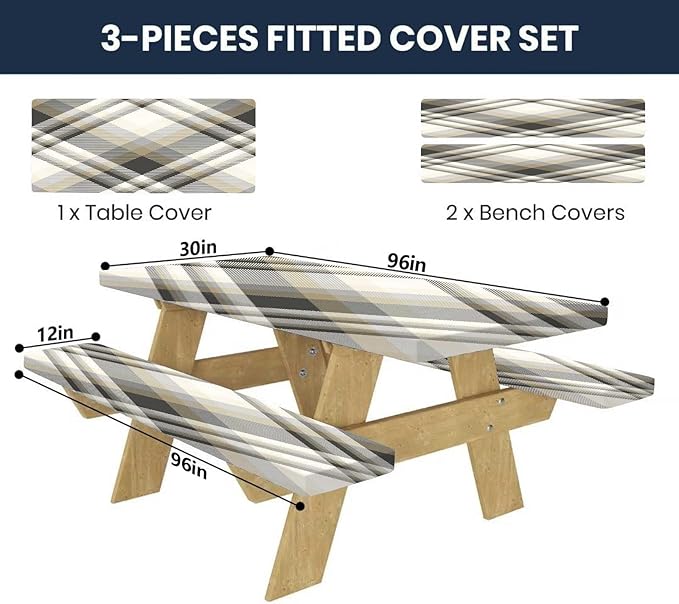 CAPSCEOLL Picnic Table Cover with Bench Covers 8Ft Farm Plaid Waterproof Camping Tablecloth All-Weather Outdoor Table Protector with Drawstring Bag for Camping Essentials, 96X30In, Grey White
