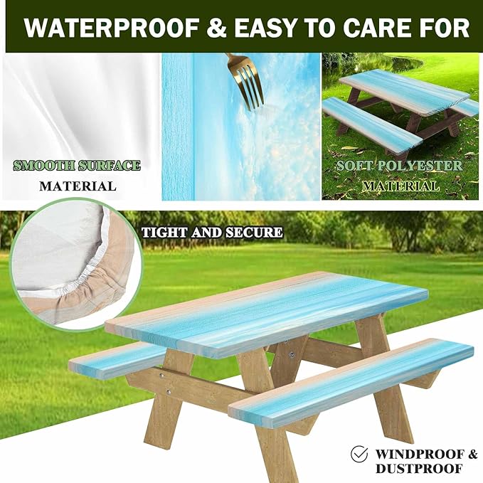 CAPSCEOLL Fitted Picnic Table Cover with Bench Covers with Elastic 6Ft Waterproof Camping Picnic Table Cover Cloths for Outdoors Camping Tablecloth with Drawstring Bag, 72X30in, Summer Beach
