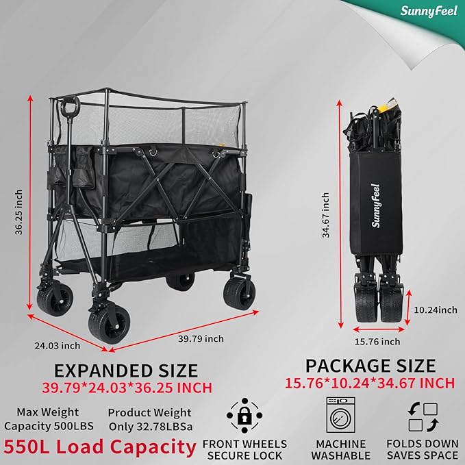 SUNNYFEEL 550L Large Capacity Folding Sports Wagon, 550LBS Heavy Duty Collapsible Cart,Extra High Extender Wagon Cart with Tailgate, All-Terrain Big Wheels for Camping Fishing & Outdoor Use,Black
