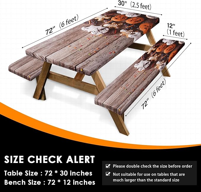 Picnic Table Cover with Bench Covers Elastic Edges, Halloween Skeleton Fitted Table Cover, Outdoor Camping Essentials 72 Inch 3PCS, Waterproof Camping Fitted Tablecloth with Drawstring Bag