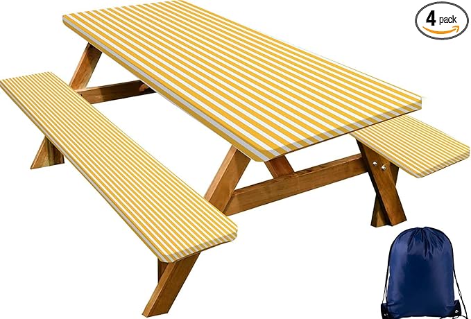 CAPSCEOLL Elastic Picnic Table Cover with Bench Covers 5Ft Waterproof Fitted Picnic Table Cover Cloths for Outdoors Camping Tablecloth with Drawstring Bag, 60X30in, Orange White