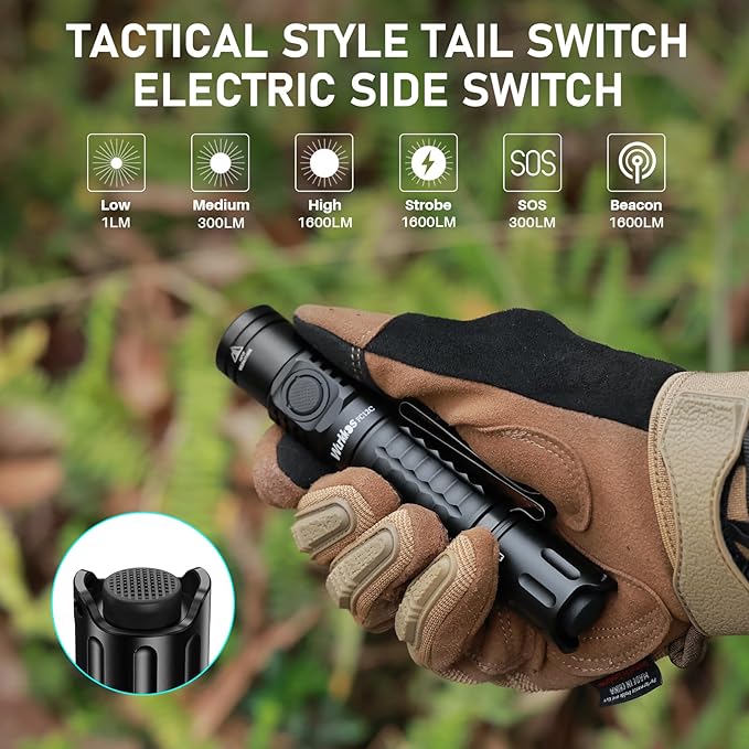 Wurkkos FC12C Tactical Flashlight 1600 High Lumens, USB-C Rechargeable LED Flashlights, 332M Long Throw Flash Light, IP68 Waterproof, Dual Switches and Constant Current Circuit for Home Camping Hiking