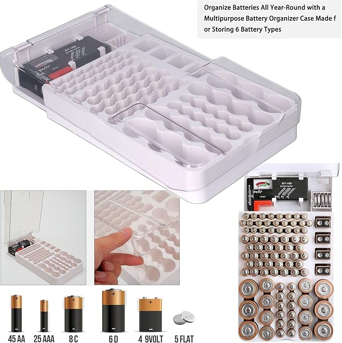 Battery Organizer Storage Box with Tester,Clear Lid Battery Organizer Storage Case Holder Holds 93 Batteries Battery Storage Box Battery Carrying Case(Batteries are Not Included)