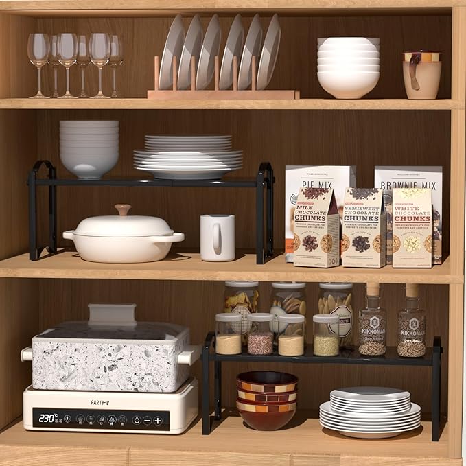 Expandable Cabinet Organizer Shelves, Countertop Shelf Organizers Storage for Kitchen Pantry, Spice Organization Rack, Desk Shelf, 2 Pack Stackable