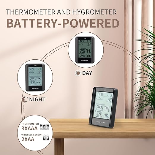 Outdoor Thermometer Wireless Weather Station Temperature and Humidity Monitor, Thermometers with 330ft Range Remote Sensor and Backlight Display Outdoor Thermometer Waterproof,Black