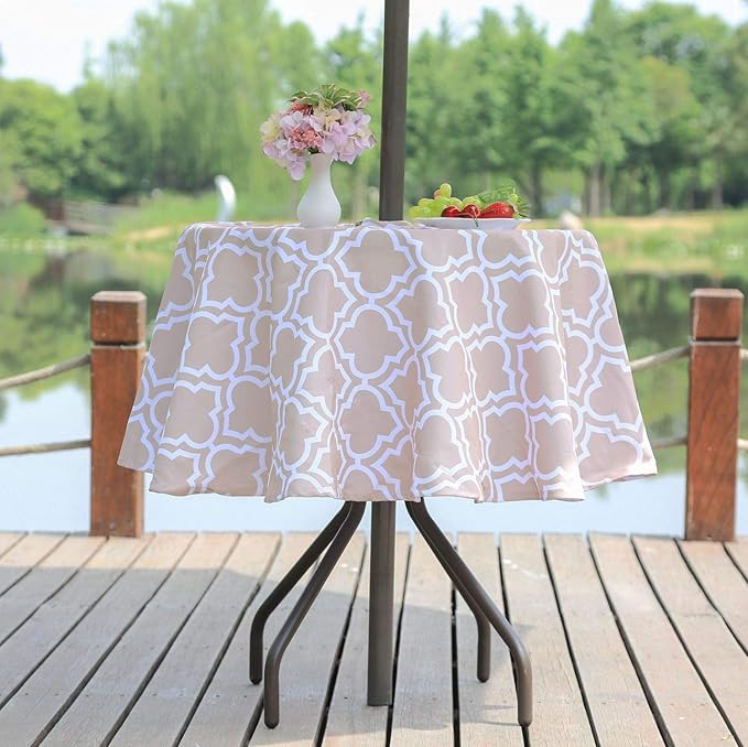 Poise3EHome 60 inches Outdoor/Indoor Waterproof Spillproof Round Tablecloth with Umbrella Hole for Camping, Picnic, Christmas Tree Skirt, BBQ, Khaki