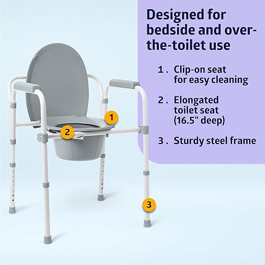 Medline Dark Gray 3-in-1 Folding Commode with Elongated Seat, Microban Treated - Portable, Adjustable, Durable - Ideal for Medical Patients