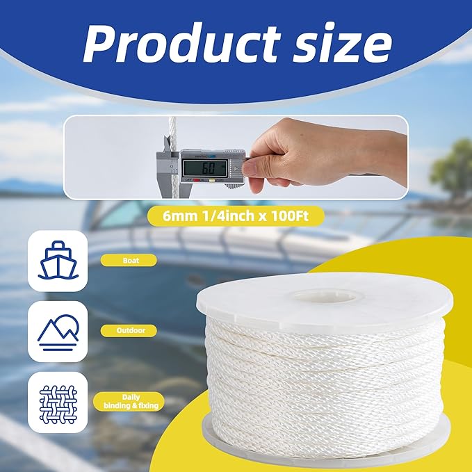 White Nylon Rope 1/4inch 100ft Braided Multi-Purpose Ropes for Outdoor&Indoor Heavy Duty for Camping, Boat, Garden, Clothesline, Marine, Soft & Flexible, High Tensile Strength