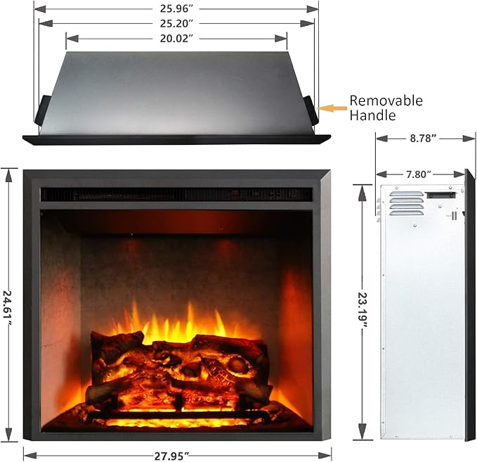 RICHFLAME 26 Inches, Edward Electric Fireplace Insert with Fire Crackling Sound, Weathered Concrete Interior, Remote Control, 750/1500W, Black
