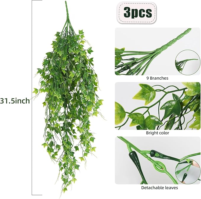 RECUTMS Artificial Plant Faux Plant Ivy Greenery Fake Hanging Plants Faux Greenery Plant Fake Ivy Leaf UV Resistant for Indoor Home Decor Outdoor Garden Yard Porch Wall Decoration 3 Packs(Green)
