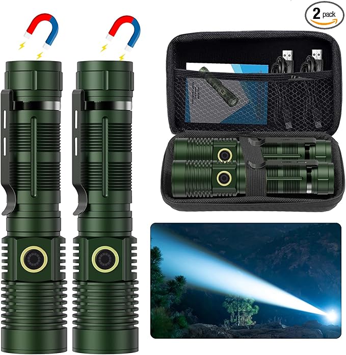 Small Tactical Flashlights High Lumens - 1500 Meters Long Beam Super Bright LED Magnetic Flashlight USB Rechargeable Zoomable 5Modes Long Beam Spotlight Flashlight for Hiking, Camping-Dark Green