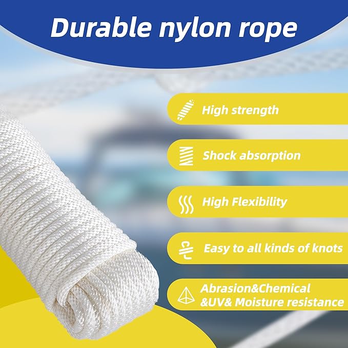 White Nylon Rope 3/8inch 100ft Braided Multi-Purpose Ropes for Outdoor&Indoor Heavy Duty for Camping, Boat, Garden, Clothesline, Marine, Soft & Flexible, High Tensile Strength