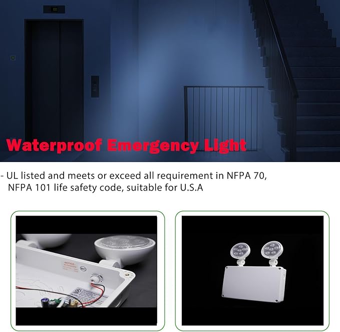 Waterproof LED Emergency Light, White housing, Dual Rotational LED Emergency Light with Backup Battery, Commercial Grade, Fire Resistant,Suitable for Wall Mount, Wet Location WMU