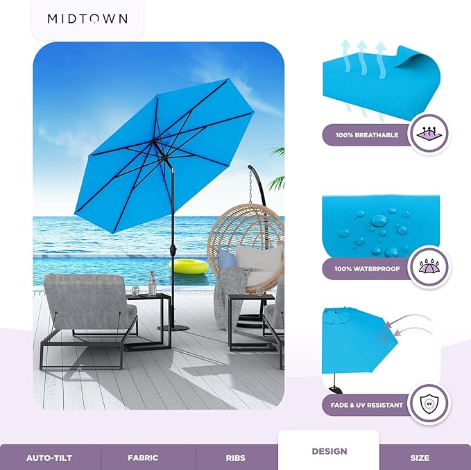 Midtown Umbrellas 10-Year-No-Fade - 8 Ft - UV Proof Cobalt (Blue) Polyester Fabric - Umbrella Outdoor Patio, Auto-Tilt Aluminum Frame Patio Umbrella for Garden, Pool & Deck - Black Pole