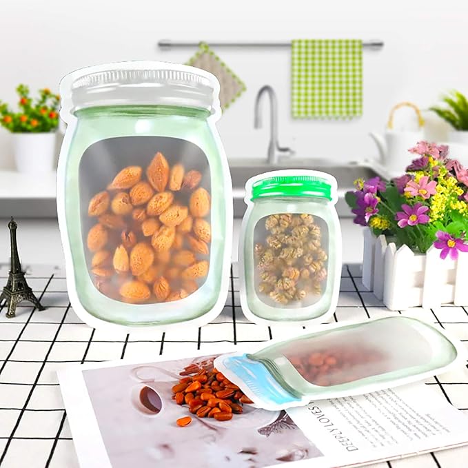 Enkrio 20 Pack Reusable Mason Jar Bags Reusable Mason Jar Zipper Bags Food Storage Bag for Kitchen Food Snack Sandwich Leakproof Snacks Food Saver Bags