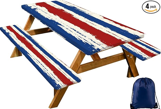 CAPSCEOLL Fitted Picnic Table Cover with Bench Covers with Elastic 6Ft Waterproof Camping Picnic Table Cover Cloths for Outdoors Camping Tablecloth with Drawstring Bag, 72X30in, Red Blue