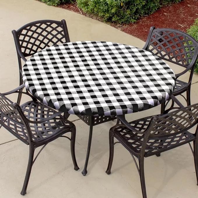 Fitable Vinyl Round Elastic Tablecloth with Flannel Backing - Waterproof Plaid Picnic Table Cover for Indoor Outdoor, Black and White (Fit for 57"-68" Round Tables)