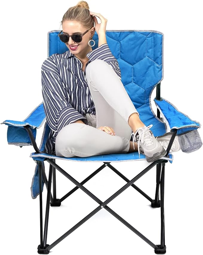 SUNNYFEEL Oversized Folding Camping Chair 500 LBS Heavy Duty Lawn Chairs with Blue Portable Folding with Armrest, Cup Holder, Pocket &Bag for Outdoor Camping/Beach/Travel/Picnic/Fishing