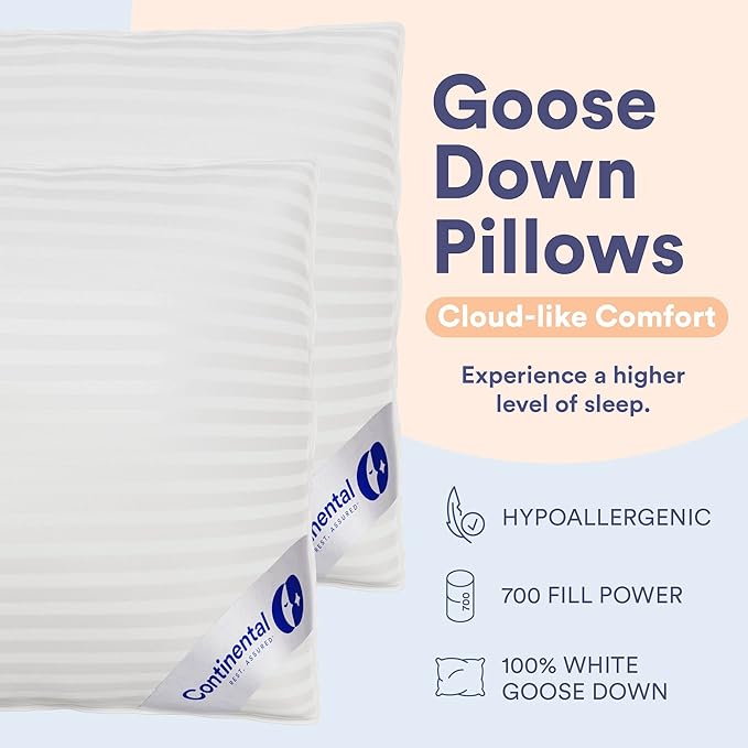 Continental Bedding | Serenity Goose Down Pillow | 700 Fill Power Hungarian White Down | 400TC Cotton Damask Shell | Made in USA | Medium, Standard (Pack of 2), 2 Count
