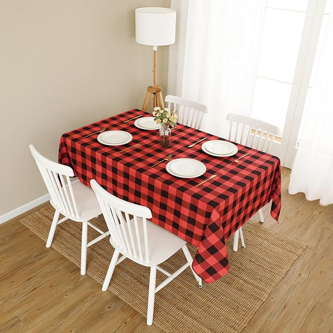 Softalker Christmas Gingham Checkered Rectangle Tablecloth - Buffalo Plaid Farmhouse Table Cloth Waterproof Stain Resistant Table Cover for Kitchen/Party/Holiday - Black and Red, 60 x 84 Inch