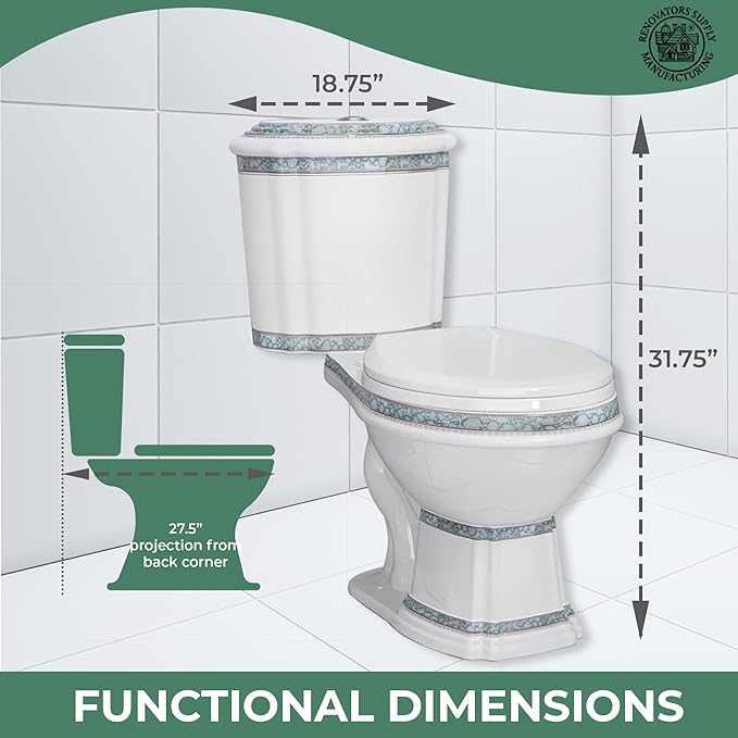 Renovators Supply India Reserve Elongated Two Piece Bathroom Toilet, Green Finish 0.8 GPF/1.6 GPF WaterSense, Porcelain Dual Flush ADA Decorative Toilet