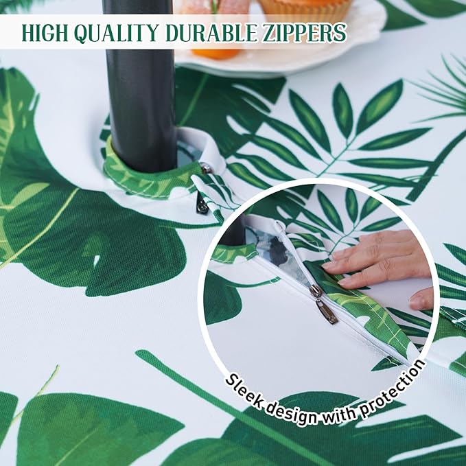 Poise3EHome 60 inches Outdoor/Indoor Waterproof Tropical Round Tablecloth with Umbrella Hole Zipper Green for Camping Picnic Party Patio Table Spring, Palm Leaf