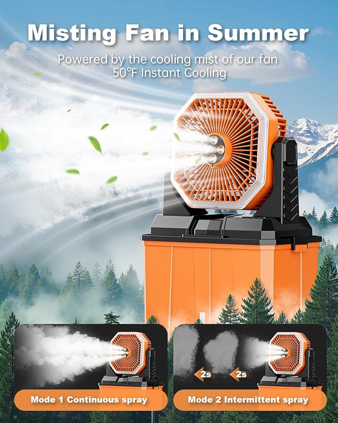 Portable Misting Fan, Rechargeable Outdoor Cooler, Battery Operated Personal Fan with3 Speeds & 8L Bucket for Patio, Camping,Hiking, Backyard, Travel, Desk,Pool, Beach