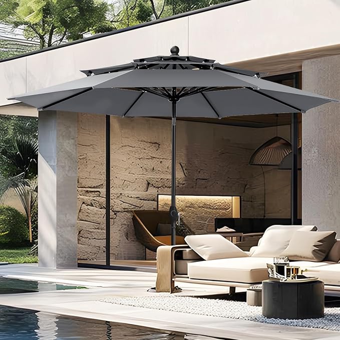PHI VILLA 10ft Outdoor Patio Umbrellas for Outside, 3 Tier Vented Market Table Umbrella Windproof for Backyard, Deck, Garden, 1.5" Pole, Grey(No Base)
