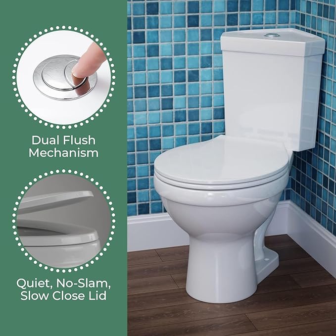 Renovators Supply Troyt Compact Corner Bathroom Toilet, 2-Piece Round - 0.8/1.6 GPF High Low Top Tank Button Flush WaterSense - ADA Heavy Duty Porcelain