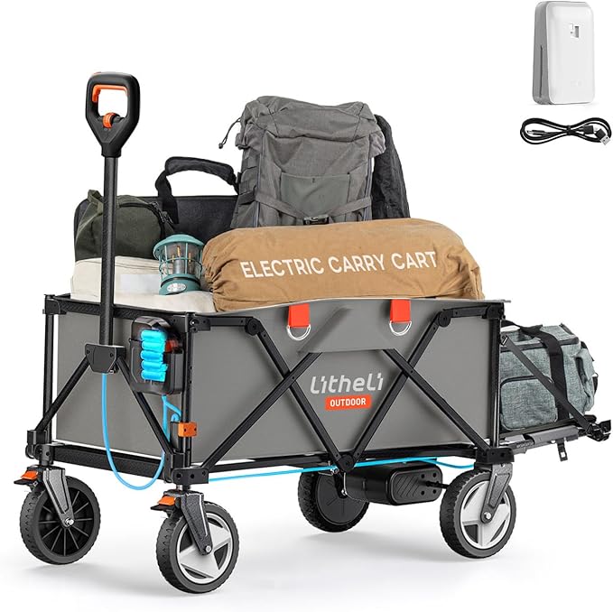 Litheli Electric Utility Wagon Cart, 200L Capacity, 300 lbs Load, Foldable Heavy-Duty Design with All-Terrain Wheels, Variable Speed Drive & Battery Power for Camping, Beach, Garden & Shopping