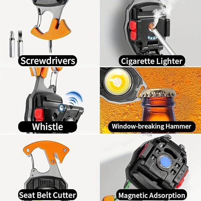 Portable Outdoor Strong Mini Lighter Multifunctional Floodlight with Rechargeable USB Charging,Emergency Tool Magnetic Base, Whistle, Screwdriver, Seat Belt Cutter for Camping Fishing Hiking (2)