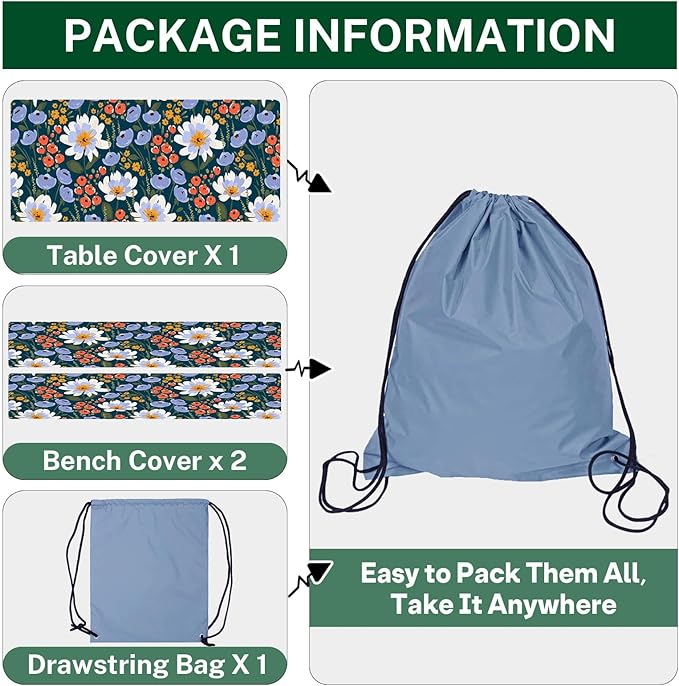 Picnic Table Cover with Bench Covers Elastic Edges, Floral Fitted Table Cover, Outdoor Patio Camping Essentials 72 Inch 3PCS, Waterproof Camping Fitted Tablecloth with Drawstring Bag