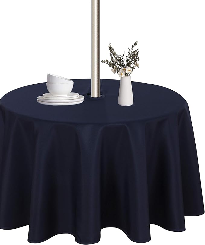 LUSHVIDA Round Outdoor Tablecloth with Umbrella Hole and Zipper, 60 Inch Navy, Washable Waterproof Table Cloth Spill Proof Wrinkle Free Table Cover for Patio Spring Summer Picnic BBQS