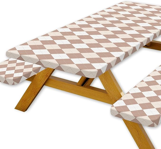 DYNH 3 Pcs Picnic Table Cover with Bench Covers, 6ft Waterproof Reusable Elastic Fitted Rectangle Picnic Table Cloths,30x72IN Beige Plaid Picnic Tablecloth for Camping Patio Travel Outdoor,2