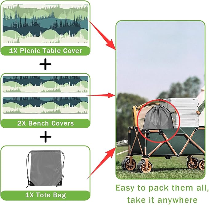 Picnic Table Cover with Bench Covers Tablecloth with Elastic Edges Waterproof Windproof Camping Essentials, Fitted Rectangle Tables and Seats, Drawstring Bag, 72in, Blue Green
