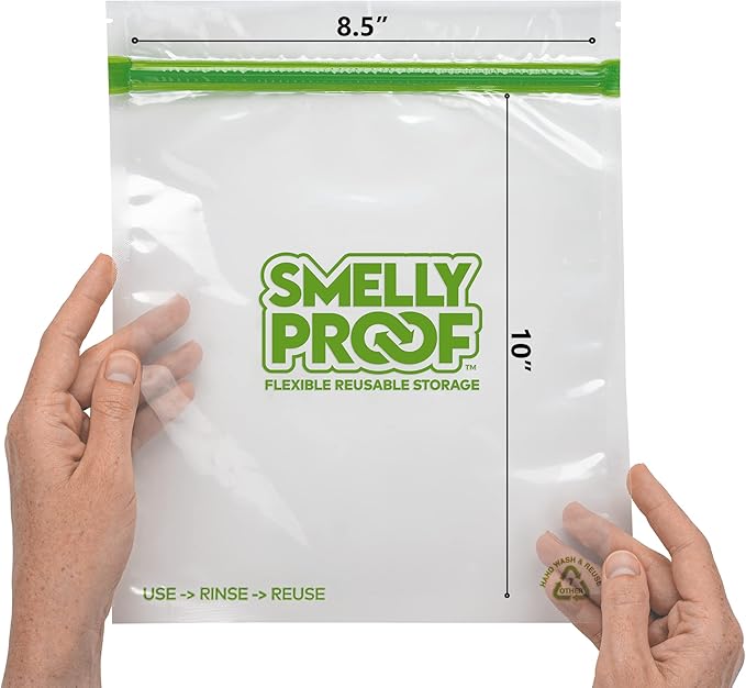Smelly Proof Reusable Food Storage Bags Designed & MFG, USA MADE, Dishwasher-Safe, Easy-To-Clean, BPA FREE, NO PEVA, Clear FLAT Large 3-mil Thick, 8.5" x 10", Quart Size Ziplock Bags, 10-Pack
