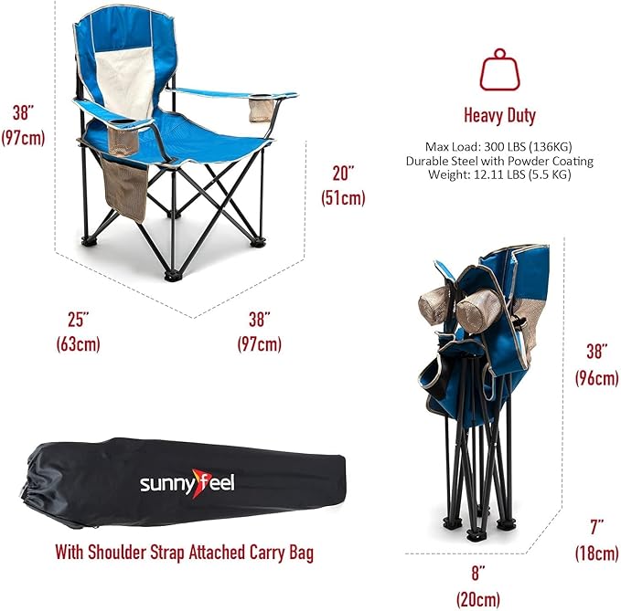 SUNNYFEEL Oversized Folding Camping Chair 500 LBS Heavy Duty Lawn Chairs for Adults Blue Portable Folding with Armrest, Cup Holder, Pocket &Bag for Outdoor Camping/Beach/Travel/Picnic/Fishing